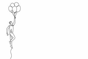 Single one line drawing the male worker standing holding lots of balloons. Celebration. Brilliance. Profitable projects abound. National Fun at Work Day. Continuous line design graphic illustration vector