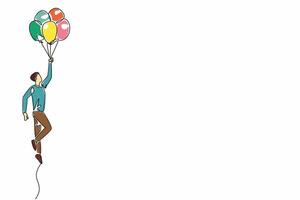 Single one line drawing the male worker standing holding lots of balloons. Celebration. Brilliance. Profitable projects abound. National Fun at Work Day. Continuous line design graphic illustration vector