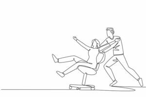 Single one line drawing male worker pushing female worker sitting on office chair. Forgetting about work. Joking with teammates. National Fun at Work Day. Continuous line design graphic illustration vector