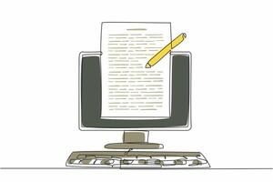 Continuous one line drawing paper, pencil and monitor keyboard. Computer monitors used for text editing. Complete each other. National Screenwriters Day. Single line draw design illustration vector