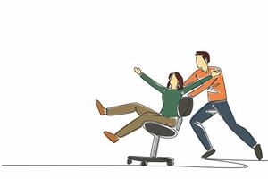 Single one line drawing male worker pushing female worker sitting on office chair. Forgetting about work. Joking with teammates. National Fun at Work Day. Continuous line design graphic illustration vector