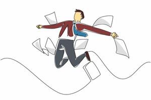 Single continuous line drawing male worker jumps accompanied by scattered paper. Amazing luck. Best marketer of the month. Feeling free. National Fun at Work Day. One line design illustration vector