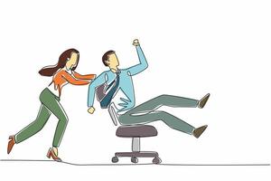 Continuous one line drawing female worker pushing male worker sits on work chair. A peaceful day. Big boss goes on business trip. National Fun at Work Day. Single line draw design illustration vector