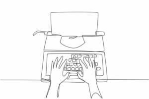 Single continuous line drawing hands typing on a typewriter. Making a movie script. Making a scenario. Making an interesting storyline. National Screenwriters Day. One line design illustration vector