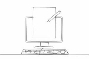 Continuous one line drawing paper, pencil and monitor keyboard. Computer monitors used for text editing. Complete each other. National Screenwriters Day. Single line draw design illustration vector