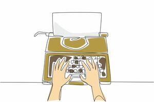 Single continuous line drawing hands typing on a typewriter. Making a movie script. Making a scenario. Making an interesting storyline. National Screenwriters Day. One line design illustration vector