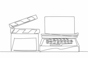 Single one line drawing clapper and typewriter side by side. Creates scripts. Helps synchronize images and sound. Equipment. National Screenwriters Day. Continuous line design graphic illustration vector