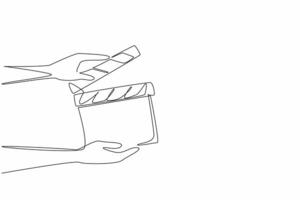 Single one line drawing the hand is holding an open clapper. Filmmaking process. Useful tool for film editors. Synchronization. National Screenwriters Day. Continuous line design graphic illustration vector