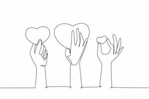 Continuous one line drawing some hands holding heart symbol. Get some compliments. Socialize well. Symbol of interest. Praise. National Screenwriters Day. Single line draw design illustration vector