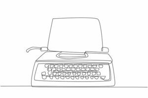 Continuous one line drawing typewriter with paper inside. Vintage equipment. Technology with a distinctive sound on the buttons. National Screenwriters Day. Single line draw design illustration vector