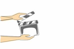 Single one line drawing the hand is holding an open clapper. Filmmaking process. Useful tool for film editors. Synchronization. National Screenwriters Day. Continuous line design graphic illustration vector