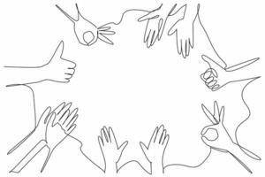 Single one line drawing several hands with several kinds of gestures. Get recognition and praise. Surrounded by positive aura. National Screenwriters Day. Continuous line design graphic illustration vector