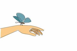 Continuous one line drawing the hand infested with butterfly. Treat the natural world with care and respect. Interconnectedness. Zero Discrimination Day. Single line draw design illustration vector