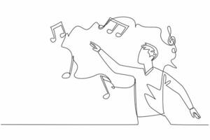 Continuous one line drawing man reaching for some musical symbols. Maestro of Imagination. Creating a symphony of ideas. Dreams. World Music Therapy Day. Single line draw design illustration vector