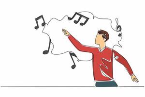 Continuous one line drawing man reaching for some musical symbols. Maestro of Imagination. Creating a symphony of ideas. Dreams. World Music Therapy Day. Single line draw design illustration vector