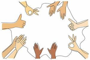 Single one line drawing several hands with several kinds of gestures. Get recognition and praise. Surrounded by positive aura. National Screenwriters Day. Continuous line design graphic illustration vector