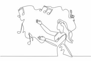 Single continuous line drawing woman reaching for some musical symbols. Various aspects of personality coming in harmonious expression. World Music Therapy Day. One line design illustration vector