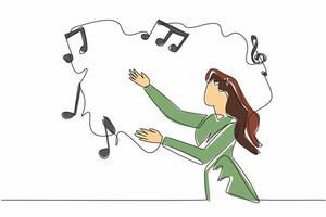 Single continuous line drawing woman reaching for some musical symbols. Various aspects of personality coming in harmonious expression. World Music Therapy Day. One line design illustration vector