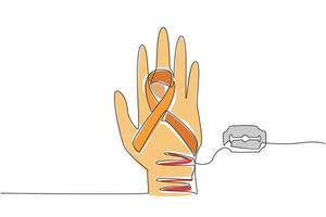 Single continuous line drawing campaign ribbon on back of the hand on the arm with many cuts. Potential for self-harm. Delicate balance. Self-Injury Awareness Day. One line design illustration vector