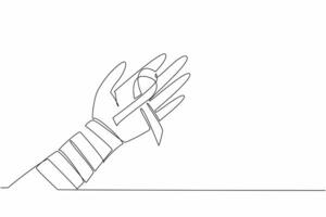 Single one line drawing campaign ribbon on palm with arm wrapped in bandage. Resilience and hope in the face of illness. Survivor. Self-Injury Awareness Day Continuous line design graphic illustration vector