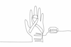 Single continuous line drawing campaign ribbon on back of the hand on the arm with many cuts. Potential for self-harm. Delicate balance. Self-Injury Awareness Day. One line design illustration vector