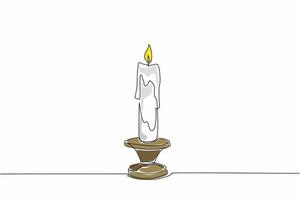 Single continuous line drawing a lit candle in a candlestick. The melting wax. Tradition and stability. Illuminating the darkness. Guidance. World Candle Day. One line design illustration vector