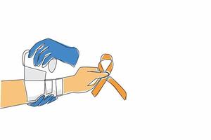 Continuous one line drawing two arms are bandaging wound of other injured arm with bandage. Providing assistance to patients. Self-Injury Awareness Day. Single line draw design illustration vector