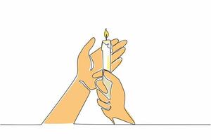 Continuous one line drawing hands cupping a lit candle. Being manly provides light. Care. Protection. Guidance. Symbol of hope. Warmth. World Candle Day. Single line draw design illustration vector