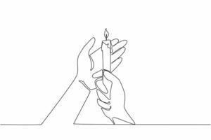 Continuous one line drawing hands cupping a lit candle. Being manly provides light. Care. Protection. Guidance. Symbol of hope. Warmth. World Candle Day. Single line draw design illustration vector