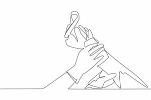 Single continuous line drawing two arms compressing another person's arm wound with cloth. Medical care and support. Combating disease. Self-Injury Awareness Day. One line design illustration vector