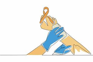 Single continuous line drawing two arms compressing another person's arm wound with cloth. Medical care and support. Combating disease. Self-Injury Awareness Day. One line design illustration vector