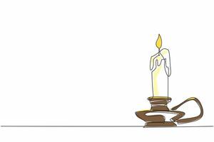 Single one line drawing a lit candle in a candlestick. The melting wax. A source of light in the darkness. The impermanence of things. World Candle Day. Continuous line design graphic illustration vector