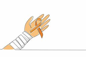 Single one line drawing campaign ribbon on palm with arm wrapped in bandage. Resilience and hope in the face of illness. Survivor. Self-Injury Awareness Day Continuous line design graphic illustration vector