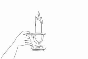 Single one line drawing hand holding candlestick with a lit candle. Share light and warmth. The only source of light in the darkness. World Candle Day. Continuous line design graphic illustration vector