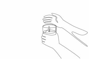 Continuous one line drawing hand holding a burning candle in a glass. Hand that provides protection. Extends the bright. Comfort. period World Candle Day. Single line draw design illustration vector