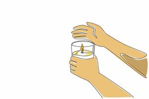 Continuous one line drawing hand holding a burning candle in a glass. Hand that provides protection. Extends the bright. Comfort. period World Candle Day. Single line draw design illustration vector