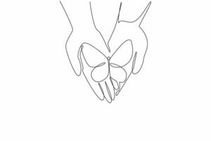 Single one line drawing butterflies perched on two open, stacked palms. Protect. Accept as without distinction. A peaceful world. Zero Discrimination Day. Continuous line design graphic illustration vector