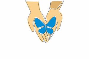 Single one line drawing butterflies perched on two open, stacked palms. Protect. Accept as without distinction. A peaceful world. Zero Discrimination Day. Continuous line design graphic illustration vector