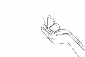 Single one line drawing butterflies flying on two open palms. Like holding up water as a source of life. There is the best hope. Zero Discrimination Day. Continuous line design graphic illustration vector