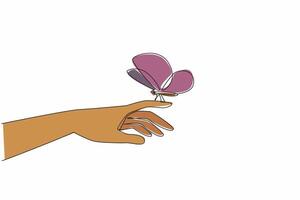 Continuous one line drawing butterfly perched on index finger. Hands of tenderness that can care for hope. Best future of humanity. Zero Discrimination Day. Single line draw design illustration vector