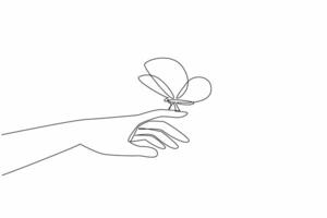 Continuous one line drawing butterfly perched on index finger. Hands of tenderness that can care for hope. Best future of humanity. Zero Discrimination Day. Single line draw design illustration vector