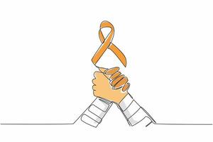 Single one line drawing two bandaged arms clasping each other. Orange ribbon above them. Together, we can make a difference. Self-Injury Awareness Day Continuous line design graphic illustration vector