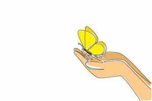 Single one line drawing butterflies flying on two open palms. Like holding up water as a source of life. There is the best hope. Zero Discrimination Day. Continuous line design graphic illustration vector