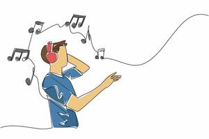 Single continuous line drawing man wearing headphones and holding it. A song of joy. A song that erases wounds. Forgetting the problem. World Music Therapy Day. One line design illustration vector
