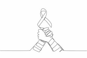 Single one line drawing two bandaged arms clasping each other. Orange ribbon above them. Together, we can make a difference. Self-Injury Awareness Day Continuous line design graphic illustration vector