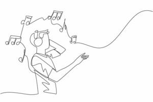 Single continuous line drawing man wearing headphones and holding it. A song of joy. A song that erases wounds. Forgetting the problem. World Music Therapy Day. One line design illustration vector