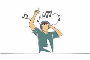 Single one line drawing man wearing headphones and holding it. Rejoice. Forget complicated problems. The best healing. Recovery. World Music Therapy Day. Continuous line design graphic illustration vector