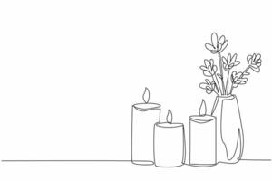 Single continuous line drawing three lit candles and a vase filled with flowers. A moment of relaxation and contemplation. Peace. Reflection. World Candle Day. One line design illustration vector