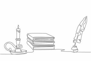 Single one line drawing a stack of books and an inkwell and quill. Knowledge and learning. Write down brilliant ideas. Enlightenment. World Candle Day. Continuous line design graphic illustration vector