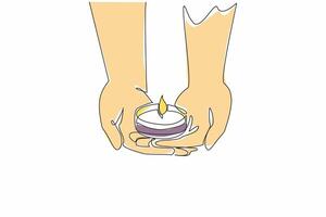 Single one line drawing two hands holding a lit candles. Offer hope. Provide enlightenment. Instruction. A calming fragrance. Aromatic. World Candle Day. Continuous line design graphic illustration vector